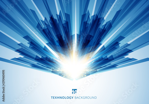 Abstract motion geometric shiny blue overlapping technology concept perspective background with explosion light.