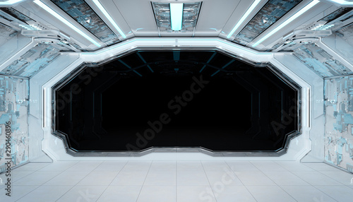 Fototapeta Naklejka Na Ścianę i Meble -  White blue spaceship futuristic interior mockup with window view 3d rendering