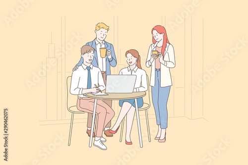 Teamwork, coworking, cooperation concept. A team of creative young people are thinking about a new business idea or start up. Simple flat vector.