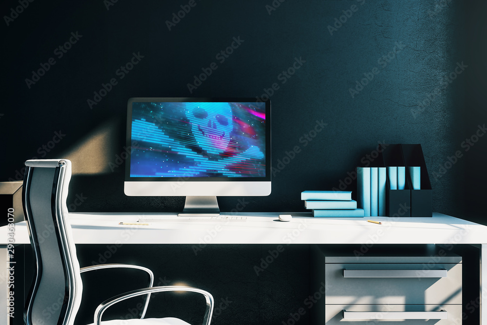 Fototapeta premium Desktop interior with computer, table and chair. Cyberpiracy theme drawing on screen. 3d rendering.