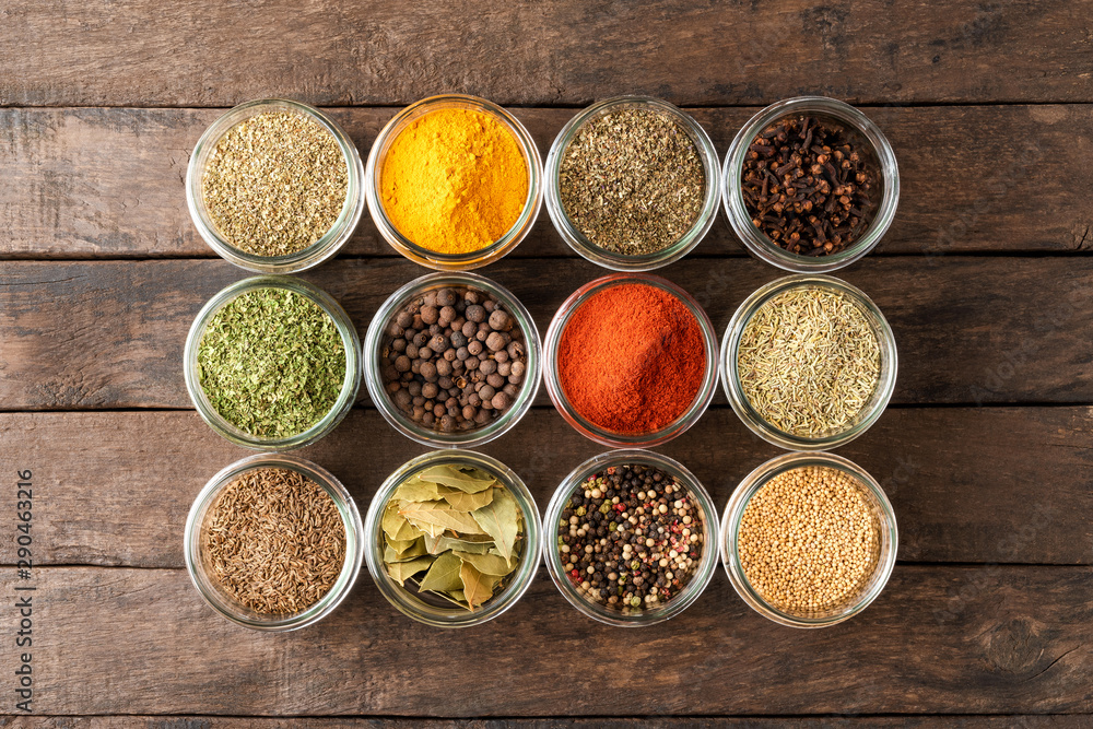 Various kinds of spices in bowls. Big collection. Top view Various kinds of spices in bowls. Big collection. Top view