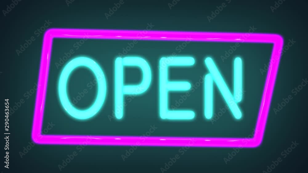 Neon sign of the word 'OPEN' switch on with a flicker, Neon advertising Big Discounts,Sale,Neon Ticker with Arrow,Big Sale,background, Looped animation Neon sign of the word 'OPEN' switch on with a flicker, Neon advertising Big Discounts,Sale,Neon Ticker with Arrow,Big Sale,background, Looped animation