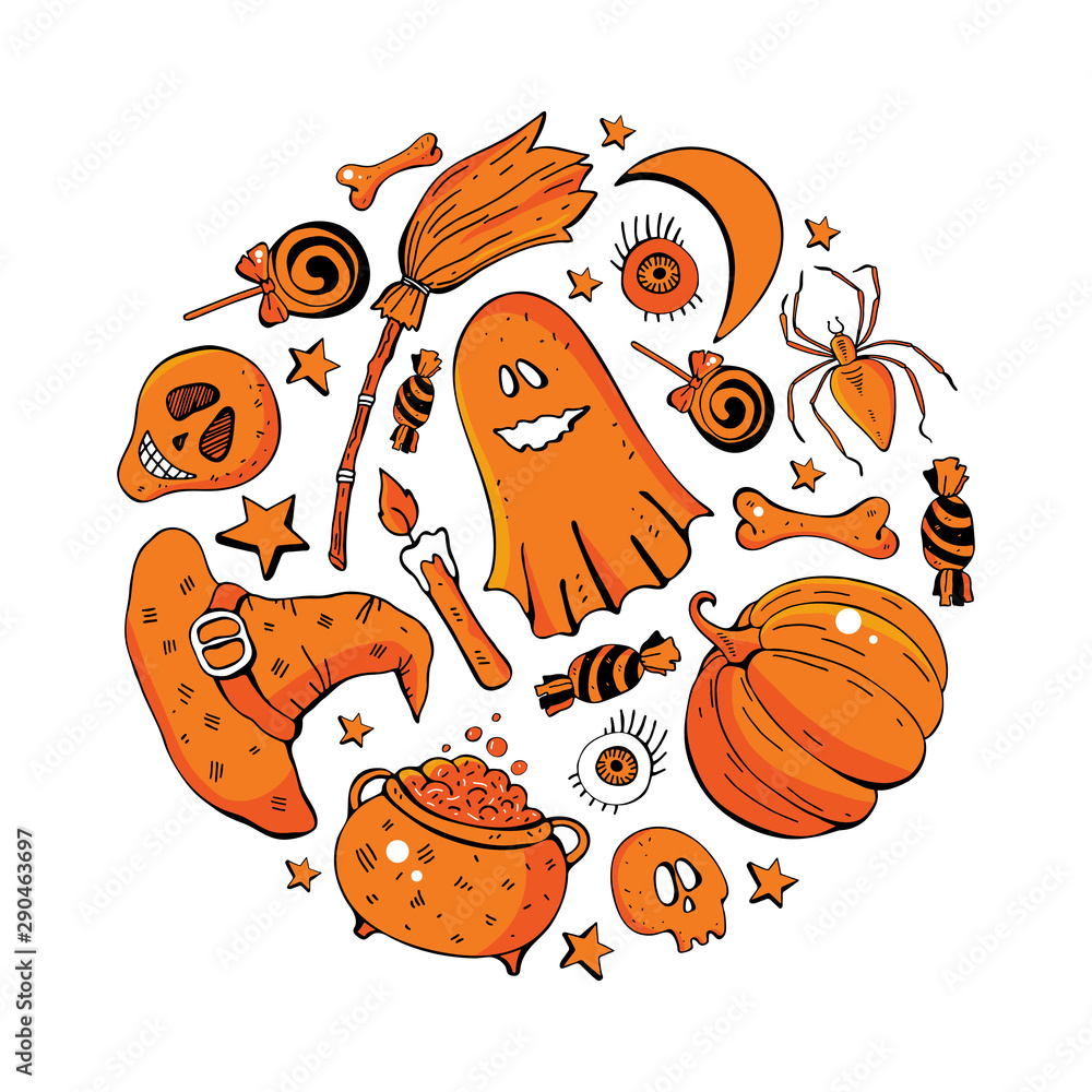 Fototapeta premium Set in vector for a fun Halloween. Cartoon monsters in flat style. Hand drawing in orange, red, black, white. Isolated object. Funny, mystical characters in a cute style.