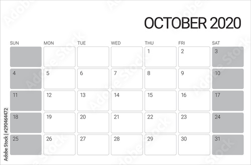 October 2020 desk calendar vector illustration
