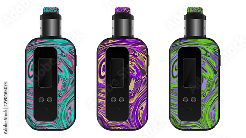 Realistic electronic cigarette concept. Colorful resin box mod and dripping atomizer. 3 color options. 