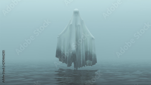 Floating Evil Spirit Ghost with one Knee Raised and Arms Out in a Death Shroud Over Water on a Foggy Day Front View 3d Illustration 3d Rendering