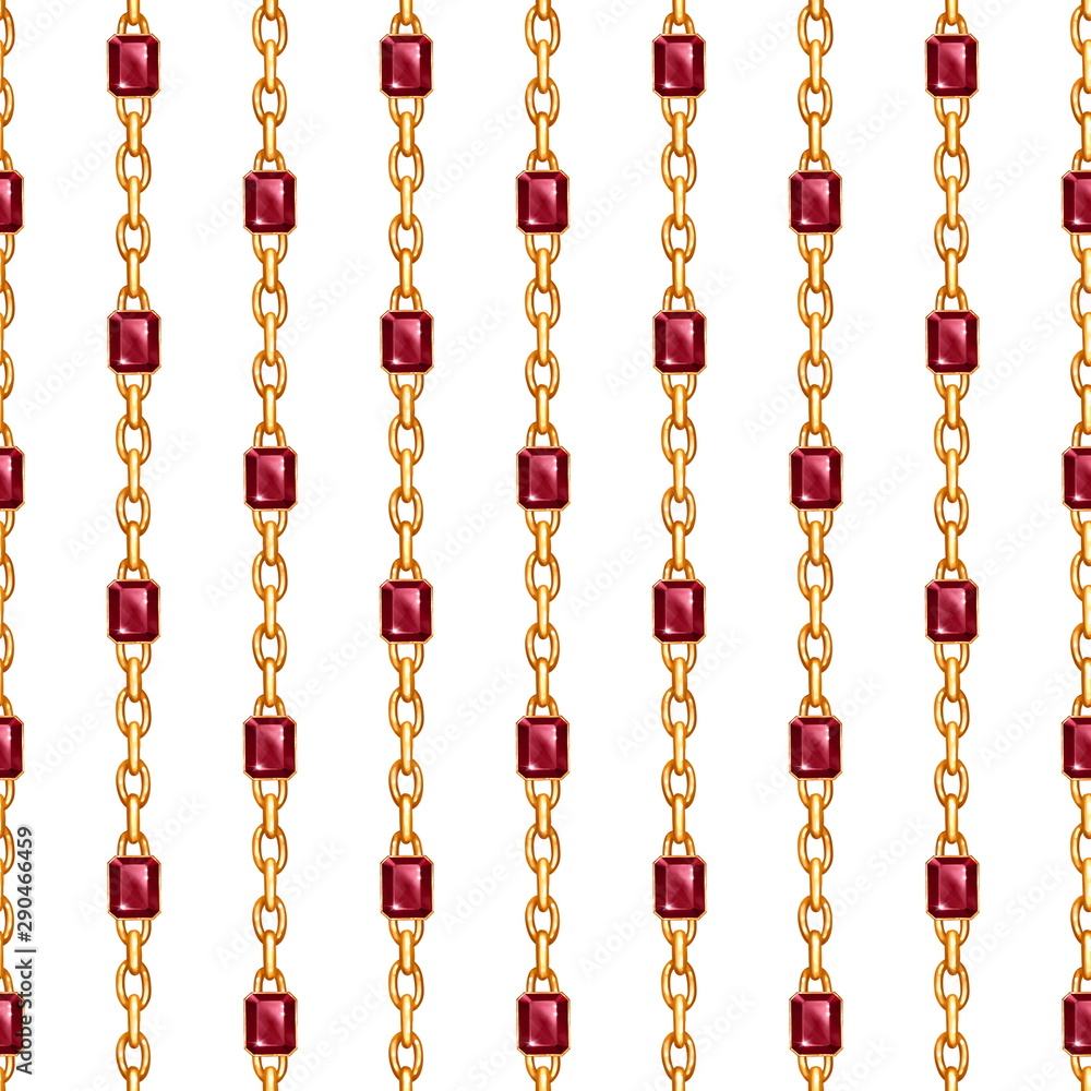Golden chain with gems seamless pattern isolated on white background Golden chain with gems seamless pattern isolated on white background