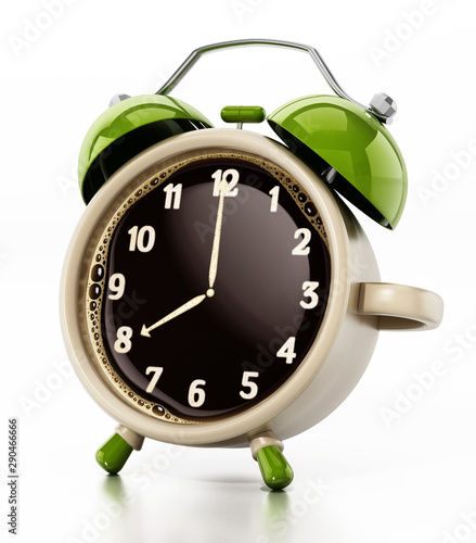 Alarm clock combined to coffee mug. 3D illustration