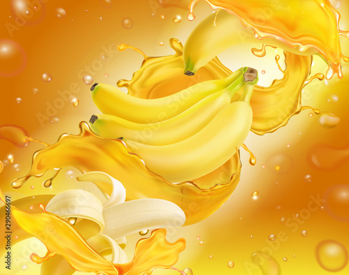 Banana juice splashing on yellow realistic background