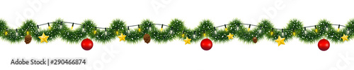 Christmas garland of mistletoe tinsel with festive light and decorations of golden stars and pine cones