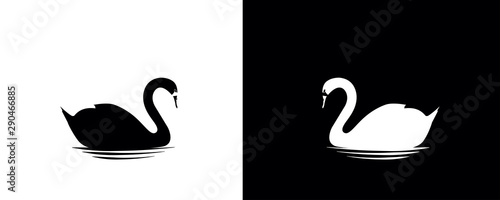 Fotografie, Obraz Swans Silhouettes swimming, vector,  two pieces minimalist poster design, black