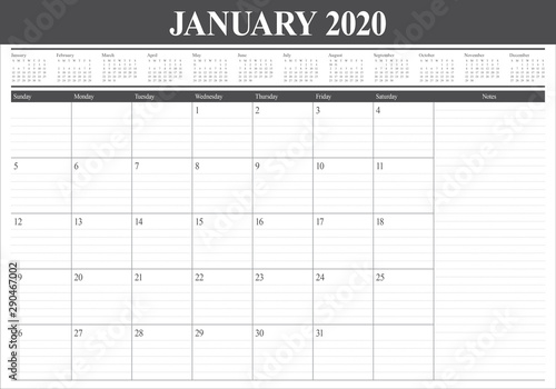January 2020 desk calendar vector illustration