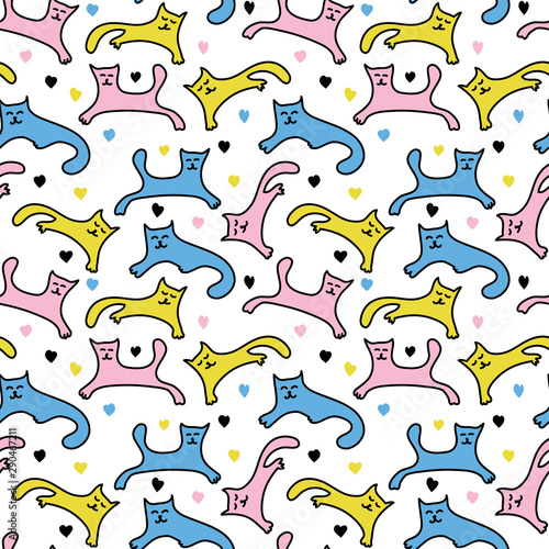 Fototapeta Naklejka Na Ścianę i Meble -  Hand drawn Funny kittens playing. Kawaii animals. Color vector seamless pattern on white background