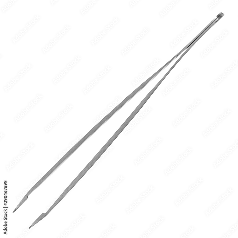 Metal tweezers on an isolated white background