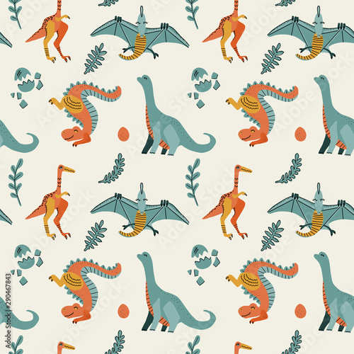 Cute childish seamless pattern with dinosaurs t-rex with eggs  decor. Funny cartoon dino pterodactyl. Hand drawn doodle design for girls  kids. children illustration for fashion clothes  fabric