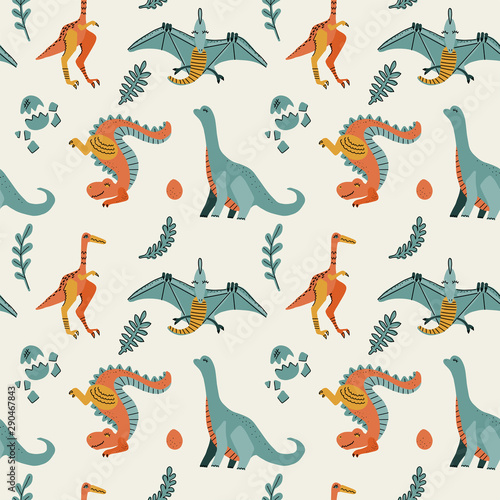 Cute childish seamless pattern with dinosaurs t-rex with eggs, decor. Funny cartoon dino pterodactyl. Hand drawn doodle design for girls, kids. children illustration for fashion clothes, fabric photo