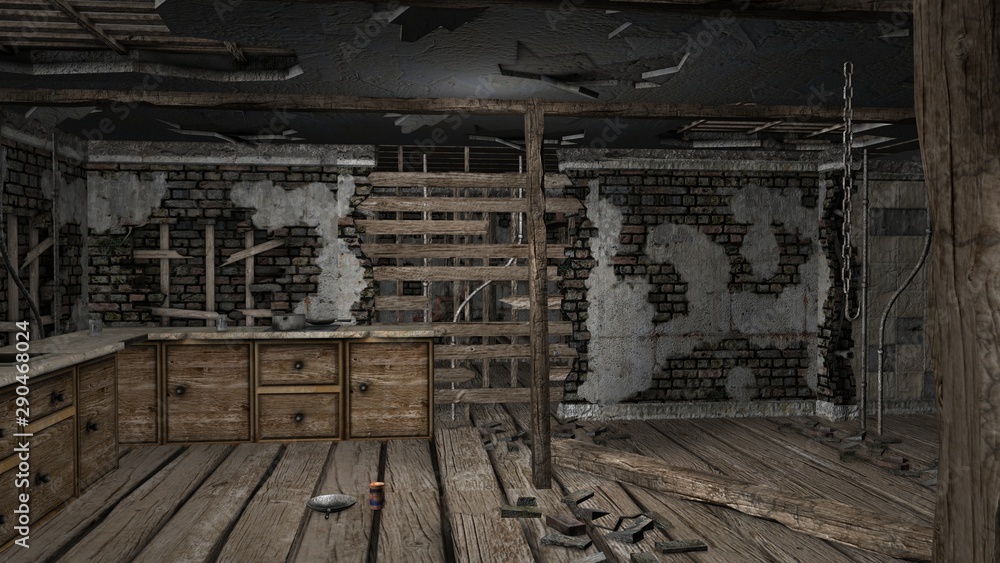 Old farm house shown with aged interior - 3D illustration Old farm house shown with aged interior - 3D illustration