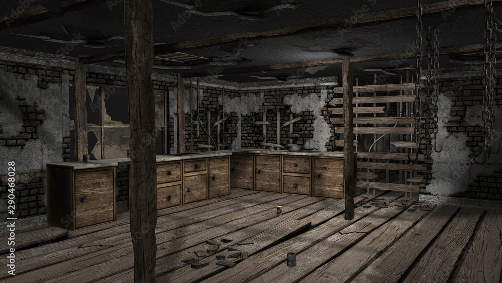 Old farm house shown with aged interior - 3D illustration Old farm house shown with aged interior - 3D illustration