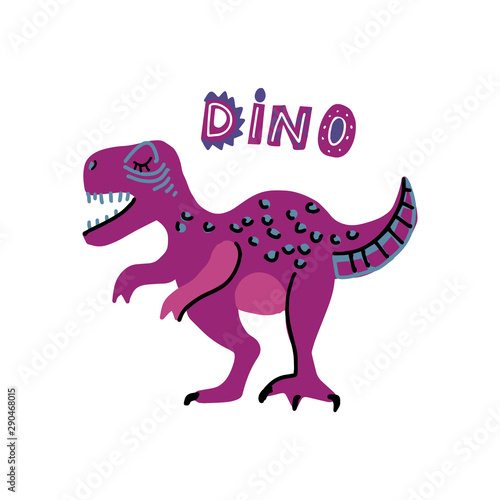 cute cartoon hand drawn dinosaur with words dino. Tyrannosaurus. illustration of scandinavian t-rex character for children and scrap book with lettering