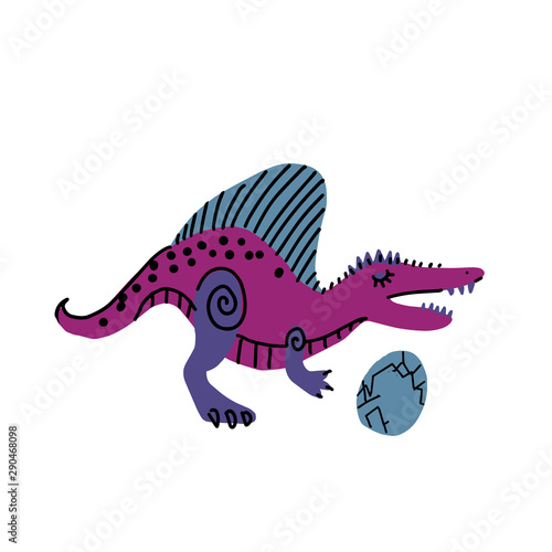 Toothy dinosaur with egg color hand drawn character. Cute line and flat dinosaur. Sketch Jurassic reptile. Isolated cartoon illustration for kid game, book, t-shirt, textile