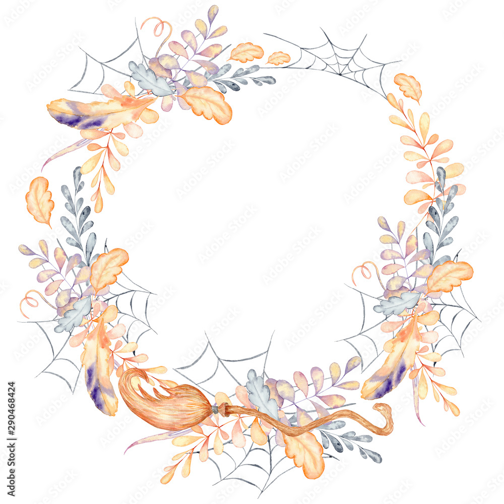 Watercolor halloween autmn wreath. Holiday design.