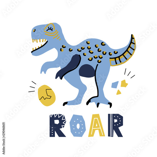 cute cartoon hand drawn dinosaur with lettering quote Roar. Tyrannosaurus with egg. illustration of scandinavian t-rex character for children  kid game  book  textile on white background