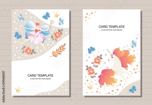 Fairytale card templates with fairy with magic wand and unicorn with flowers and butterflies.