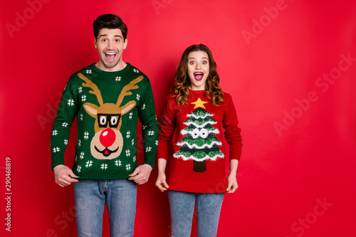 Portrait of astonished two people wife with brunette hair scream wow enjoy deer christmas pattern fashion jumper wear denim jeans stylish trendy pullover isolated over red color background photo