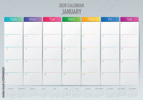 January 2020 desk calendar vector illustration
