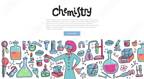 Scientist woman with a chemistry glass explaining chemical reaction. Education concept of chemistry science for banners. Doodle color illustration