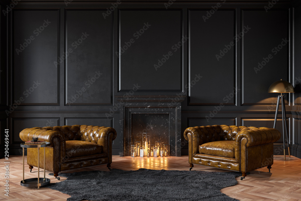 Black classic interior with fireplace, leather armchairs, carpet, candles. 3d render illustration mockup. - obrazy, fototapety, plakaty 