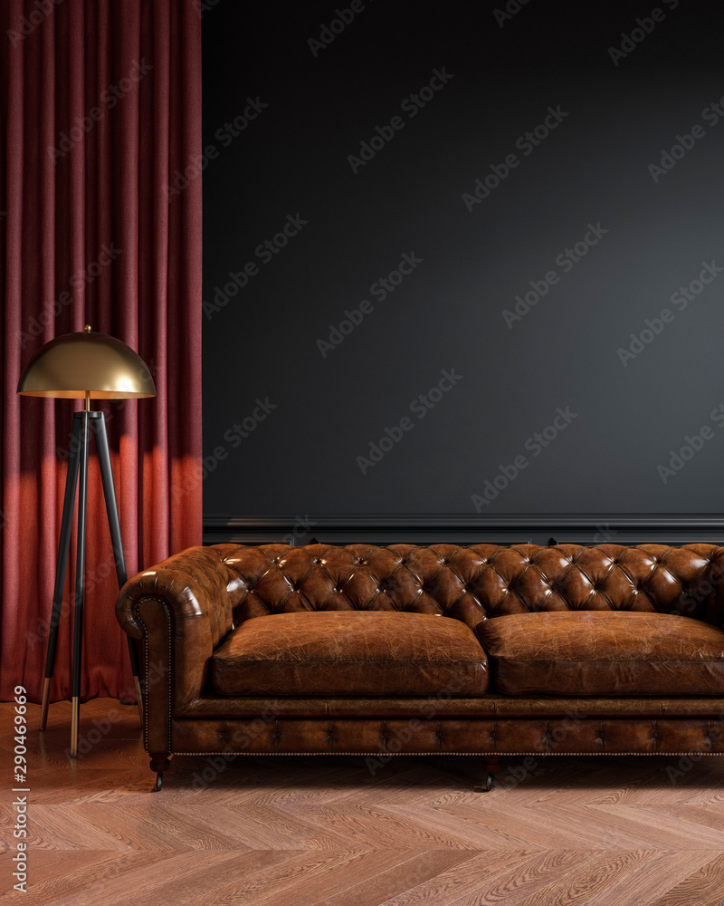 Black classic loft interior with leather sofa, floor lamp, curtain and wood floor. 3d max interior mockup. - obrazy, fototapety, plakaty 