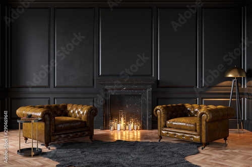 Fotografiet Black classic interior with fireplace, leather armchairs, carpet, candles