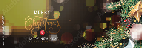 Merry Christmas and Happy New Year Background sparkle blur bokeh effect and and stars decoration.Merry Christmas vector text Calligraphic Lettering Vector illustration. 