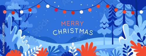 Vector illustration in trendy flat simple style - Merry  Christmas and Happy New Year greeting card and banner - winter landscape with houses and garland 