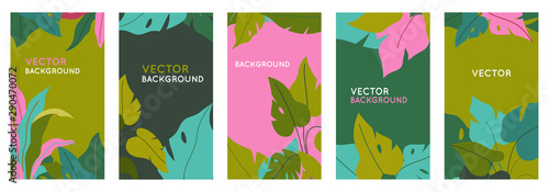 Bright vibrant banners, posters, cover design templates, social media stories wallpapers with tropical leaves and plants
