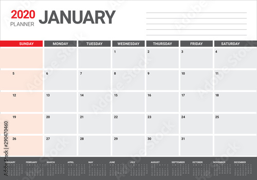 January 2020 desk calendar vector illustration