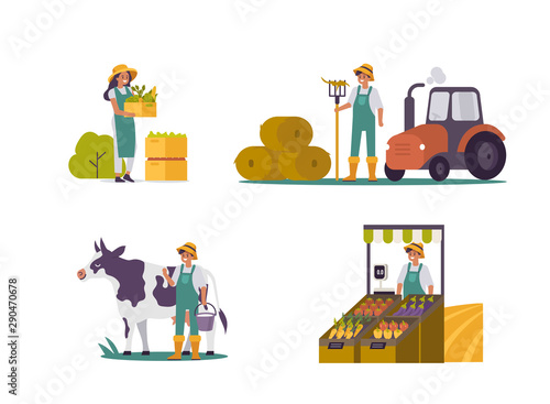 Farmers and Agriculturists set. People Characters harvesting, milking Cow, collecting Hay and sell Products on Market. Woman and Man working on Farm. Organic Farming concept. Flat Vector Illustration.