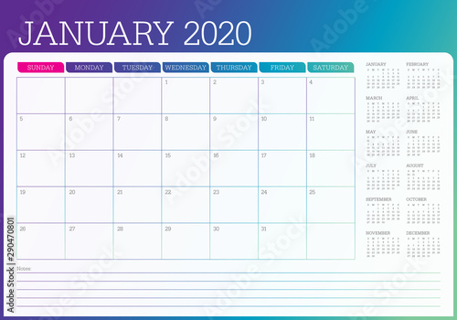 January 2020 desk calendar vector illustration