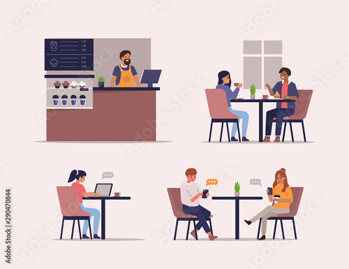 Young People Characters Dinning and Working in Cafe. Barista standing at Counter. Woman and Man Talking and Drinking Coffee. Flat Cartoon Vector Illustrations Set.