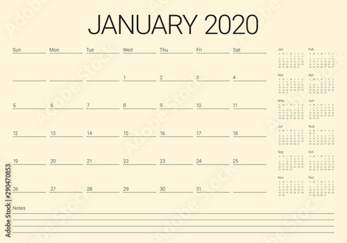 January 2020 desk calendar vector illustration