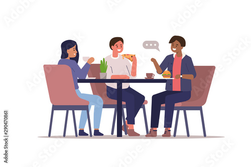 Friends sitting in Cafe and Talking. Girl And Boys Drinking Coffee and Eating. Young People Characters spending Time Together. Flat Cartoon Vector Illustration.