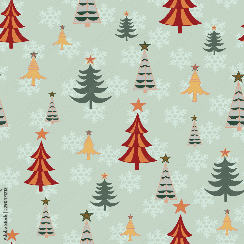 Vector Christmas Tree Seamless Pattern on mint green background