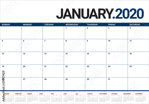 January 2020 desk calendar vector illustration
