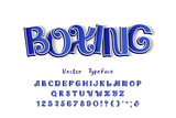 Boxing, ornate vector 3D typeface. Three dimensional uppercase English letters, numbers. Original font blue color gradient, white outline, transparent shadow. Retro alphabet for modern sports design