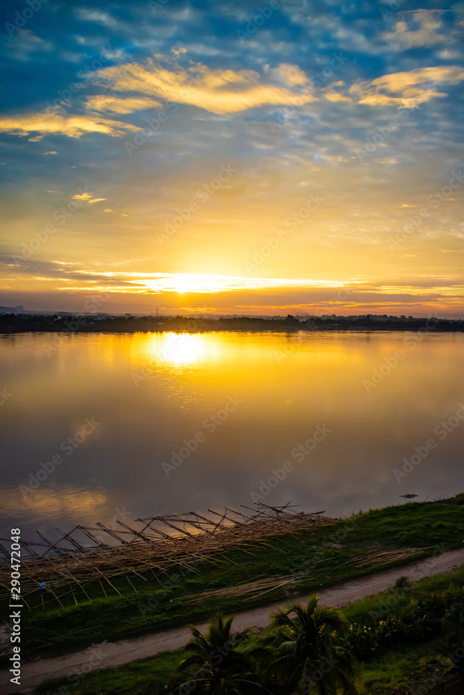 Sunrise in the morning at Nakhon Panom province of Thailand. Beside Mekong river