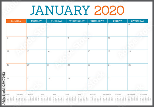 January 2020 desk calendar vector illustration