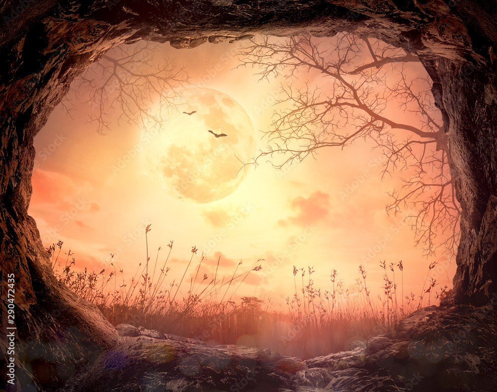 Naklejka premium Thanksgiving concept: Scary cave stone on full moon in autumn night wallpaper background - 3D illustration