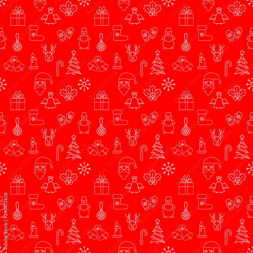 Christmas seamless pattern on a red background with white doodle drawings Christmas seamless pattern on a red background with white doodle drawings