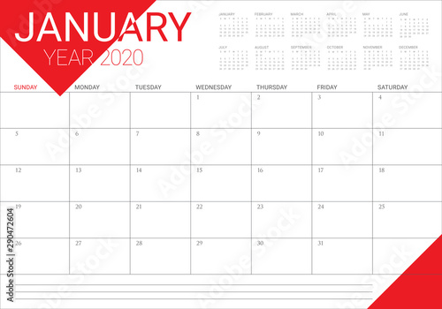 January 2020 desk calendar vector illustration